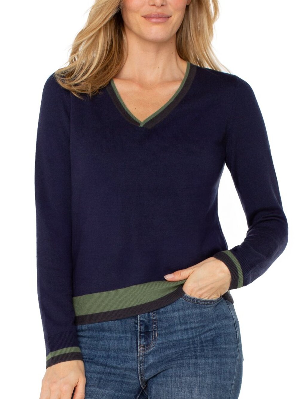 NWT Liverpool Los Angeles Colorblock V-Neck Sweater in Navy & Green